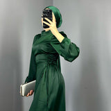 Plataz Women's New Round-Neck Lantern Sleeve Dress Side Belt With Body-Repair Dress Dress