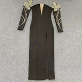 Plataz Card Shoulder Long Sleeves Chest V-Neck Pattern Hot Diamond Banded Dress Sexy Temperament Dress Dress