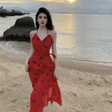 Plataz Dress Red Long V-Neck Hanging Neck Sling Dress Female Summer French Temperament Party Dress