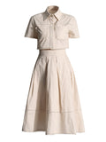 Plataz Lace Embroidery Set 2025 Spring New Collar Short-Sleeved Shirt High-Waist Long Dress Solid Color Woman