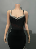 Plataz Hot Sling V-Neck Nail Drill Women's Dress High Open Chain Espootail Banded Evening Dress