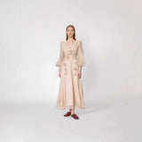 Plataz Spring And Autumn V-Neck Lantern Sleeve With Three-Dimensional Flower Design Dress