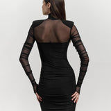 Plataz Women's Mesh Splicing Set Of Finger Long Sleeves High-Necked Ass Long Skirt DJPT