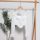 Plataz Girls Shoulder-Hanging Neck With Long-Sleeved Slings With Smear Wooden Ear-Deared Shirt Short With Chest Cushion Top DJPT