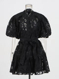 Plataz Round-Neck Dress 2025 New T-Bubble Sleeve Single-Button Vacation Leisure Belt With Sling Dress