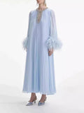 Plataz 2025 Cuffed Ostrich Hair Decoration Dress Neck Collared Diamond Dress