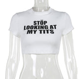 Plataz Casual Letter Print Ultra-Short Top Girl 2025 Summer Hot Girl Exposed Umbilical Repair T-Shirt DJPT