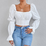 Plataz And Summer Women Pure White Long Sleeve Front Breast Strap With Bare Back Sexy Waist Shirt Crop Top DJPT