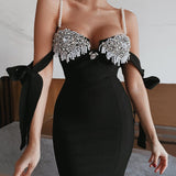 Plataz Industry Nail Pearl Suspension Tender Temperament Dress Sexy Elegant Party Tight Medium Dress