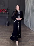 Plataz 2024 New Bow Decoration Black And White Splicing Temperament Half-High Collar Long Dress