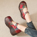 Plataz Beauty Real Leather Comfortable Print Houdesen Ethnic Wind Irregular Flowers Pastoral Mother Women Singles Shoes High Quality Shoes