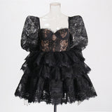 Plataz Version Of The Women's Group Wind 2025 Summer New Heavy Industry Bubble Sleeves Embroidered With Leaves Side Short Women's Dress