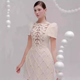Plataz 2025 Summer Three-Dimensional Floral Pattern Splicing Lattice Dress Single Row Pearl Buckle Skirt