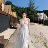 Plataz Breast Slings White Languing Folded Long Skirt Banquet Dress Holiday 100 Folded Beach Dress Girl
