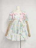 Plataz Summer New Square Collar Bubble Sleeve Bow Tie With Belt Print Short Dress Woman