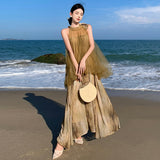 Plataz New Temperament Hanging Neck Dye Chiffon Skirt Fake Two Holiday Dress Summer