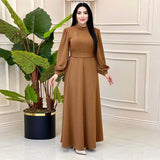 Plataz Muslim Solid-Colored Belt-Lending Dress Woman In Autumn 2024