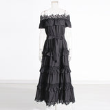 Plataz Court Style 2025 New Heavy Industry Lotus Leaf Side Shoulder Shoulder Lace Dress Solid Color Dress Woman