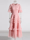 Plataz Elegant Dress 2025 Spring New Round Neck Pressure Folding Mesh Splicing Wave Point Cake Skirt