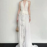 Plataz Sleeveless V-Necked Neck Dress With Wooden Ears Exposed Back Long Dress Beach Beach Seaside Holiday Dress