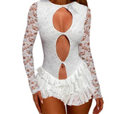 Plataz Women's Summer New Characters Empty Lace Long-Sleeved Leaf-Flaved Bracelet Dress DJPT