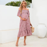 Plataz 2025 New Summer Pregnant Woman Chiffon Dress Small Broken Floral Dress Short Sleeve Long Dress Maternity