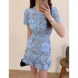 Plataz 2025 Summer Light Blue Collar Lace Dress Water Diamond Single Buckle Skirt Woman
