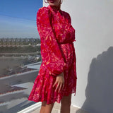 Plataz V-Neck Print Lantern Sleeve Chiffon High-Waisted Dress In Autumn 2024