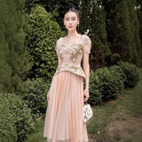 Plataz 2025 Embroidery Three-Dimensional Flower Nail Bead Splicing Mesh Dress With Chest And Fake Two Midskirts