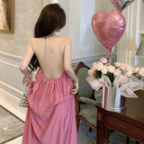 Plataz Bare Back Hanging Neck Sling Dress Women's Spring Summer Tea Break French Sexy Travel Holiday Dress