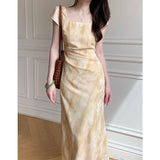 Plataz | 2025 Summer New Homemade Elegant [Yellow Rose] Yellow Jahua Short Sleeve Dress DJPT