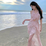 Plataz Super Fairy Lotus Side Seaside Holiday Dress Pure Sexy Hanging Back Open Fork Dress Female Dress