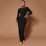 Plataz Fashion Diamond-Studded Nail-Peared Long-Sleeved Banded Dress Sexy Dew Party Party Dress Dress