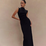 Plataz 2025 New Solid Colorless Sleeveless Ruffed Zipper Bag Tug Of The Noise Dress