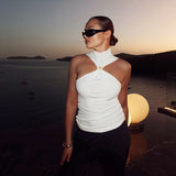 Plataz Women's Solid Color Hanging Neck Sleeveless Metal Ring High-Neck Short-Sleeved Vest DJPT