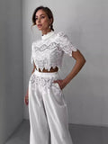 Plataz Collar Short-Sleeved Lace Top + Tight Waist Tie With Lace Spliced Wide Leg Trousers Set Woman