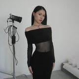 Plataz Autumn Famous Style Temperament Sexy Body Shoulder Mesh Stitching Dress Woman DJPT