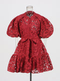 Plataz Round-Neck Dress 2025 New T-Bubble Sleeve Single-Button Vacation Leisure Belt With Sling Dress