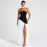 Plataz Women's Black And White Bumping Round Neck Irregular Opening Dress DJPT