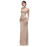 Plataz Women's Sleeveless Backs Folding Lace Splicing Dress DJPT