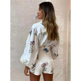 Plataz Autumn Australian Fashion Brand Elegant Fresh Floral Femininity Commuting Long-Sleeved Shirt Top High-Waist Shorts Set