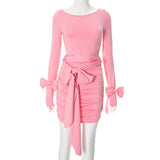 Plataz Women's Long-Sleeved Bow Decoration Folded Buttos With Short Skirt DJPT