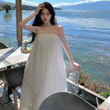 Plataz Beach Dress Seaside Tourism Vacation Chiffon Long Dress Folded Loose Sleeveless Slings Dress Dress Woman
