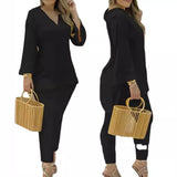 Plataz Explosion Color New Plain Horn Sleeve V Collar Top And Trousers Fashion Lady Set DJPT