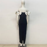 Plataz One-Word Shoulder Bow Tuxedo Diamond Bandage Croak Party Long Dress Dress Skirt