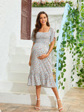 Plataz 2025 New Summer Pregnant Woman Chiffon Dress Small Broken Floral Dress Short Sleeve Long Dress Maternity