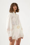 Plataz Australian Vintage Lantern Sleeve Flower Embroidered White Shirt + High-Rise Thin Belt Shorts Set