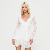 Plataz Women's Clothing V-Neck Dew Back Lace Fabric Splicing Elegant Short Skirt DJPT
