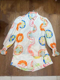 Plataz And Summer 2024 Australian Seaside Holiday Wind Leisure Long-Sleeved Shirt + With Belt High-Rise Printed Shorts Set For Women