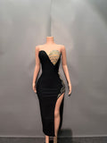 Plataz Heavy Industry Diamond High Open Fork Bra Black Dress Famous Party French High-End Feel Evening Dress
